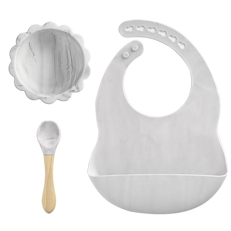 Vajilla de silicona para bebé sin BPA, babero impermeable, toalla Flexible para Saliva, cuenco y cuchara con ventosa de Color sólido para niños