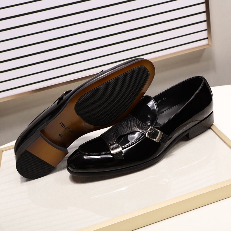 Mocasines de charol para hombre de la marca FELIX CHU, zapatos de vestir para fiesta de boda, zapatos negros y verdes con correa de monje, zapatos informales a la moda para hombre