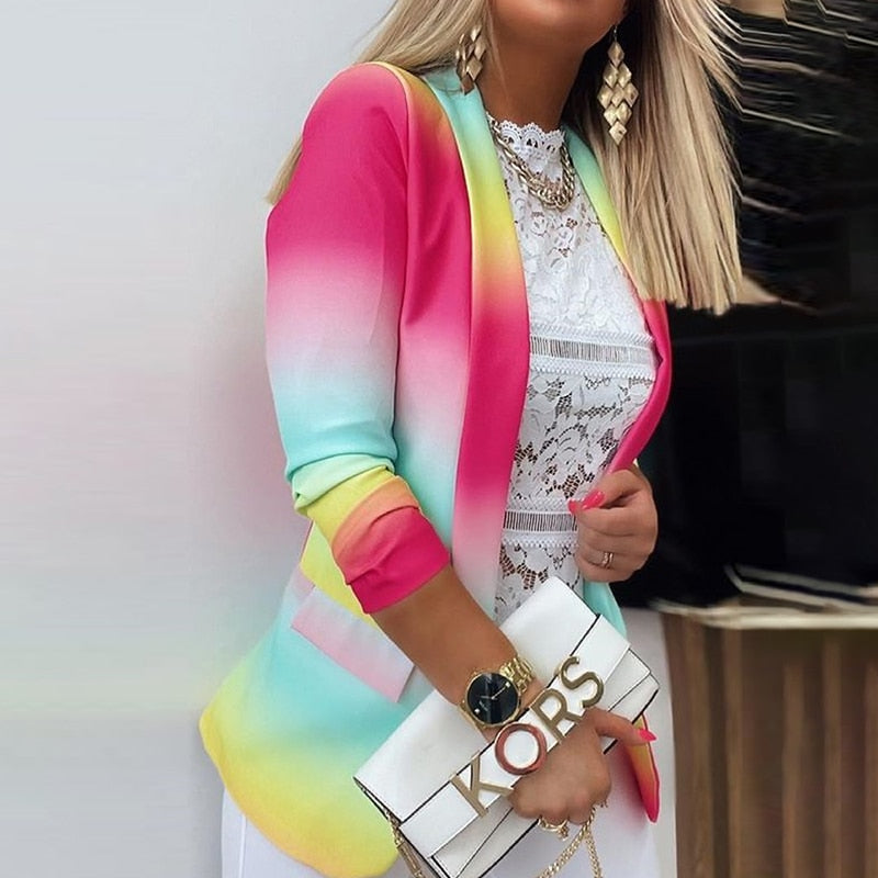 2021 New Women Elegant Blazer Clothing Workwear Lady ColorBlock Casual Coat Tops