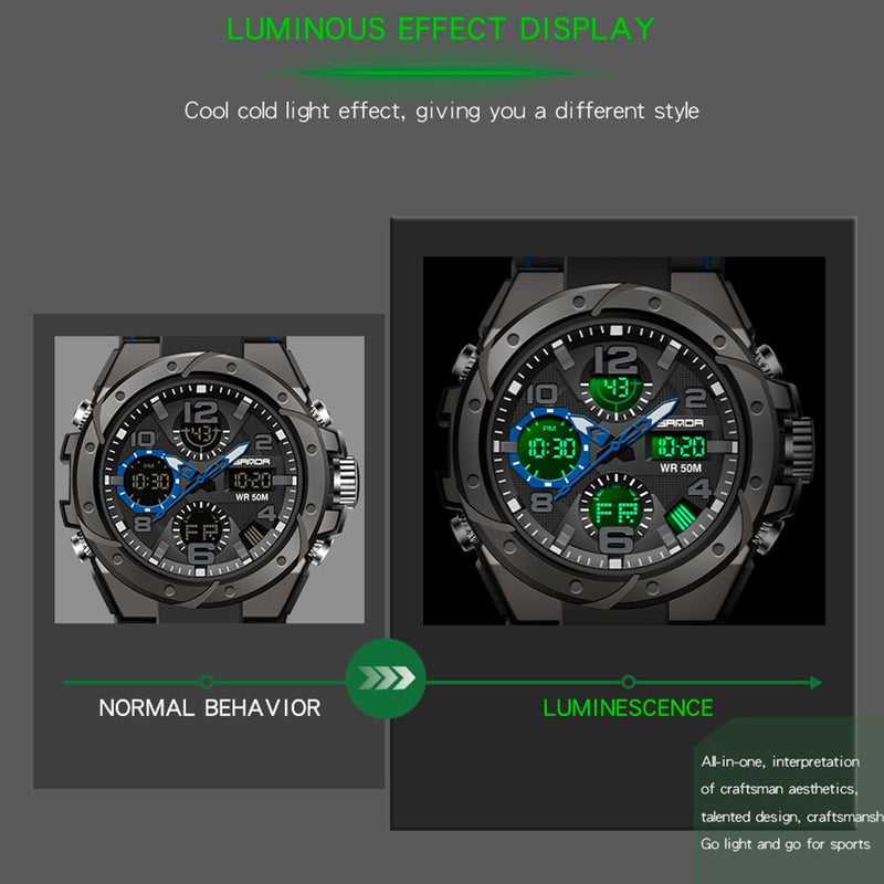 SANDA Brand Men's Watch Military Outdoor Sports Waterproof Watches Dual Display Quartz LED Digital Clock Relogio Masculino
