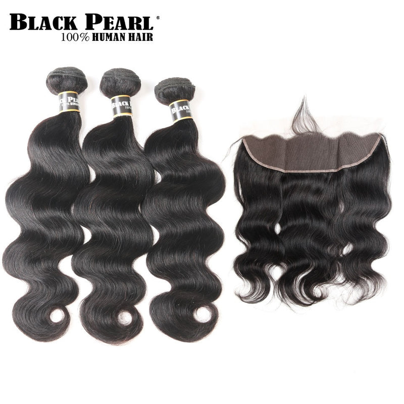 Black Pearl Body Wave Bundles mit Frontverschluss Brasilianisches Haar Menschenhaarbündel mit Frontal Non Remy 13X4 Lace Frontal