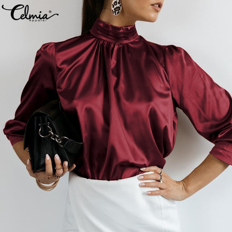 Fashion Women Blouses 2022 Celmia Elegant Satin Silk Tops Tunics Party Solid High Collar Shirt Autumn Lantern Sleeve Blusas 7