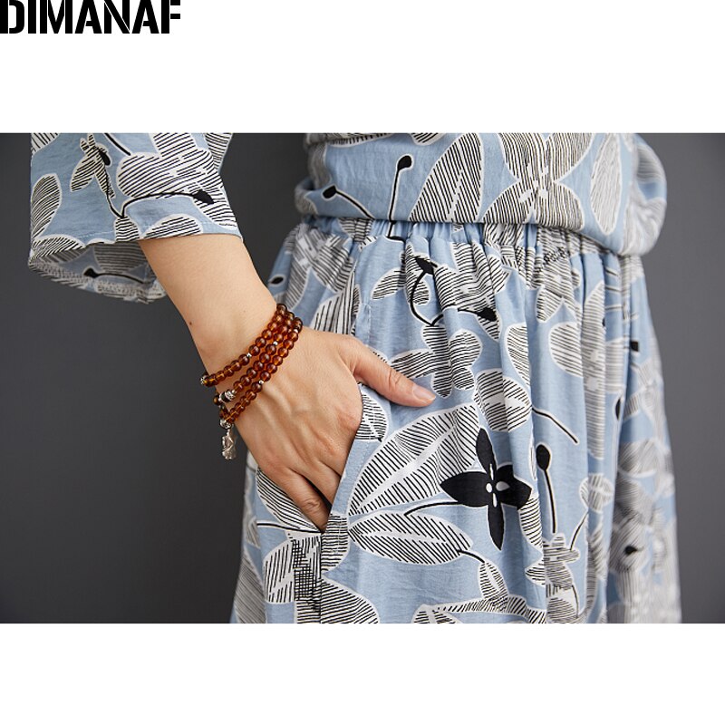 DIMANAF Plus Size Zweiteiler Anzug Damen Kleidung Vinatge Print Elegante Dame Tops Shirt Leinen Lose Hosen Weiblicher Anzug Sommer