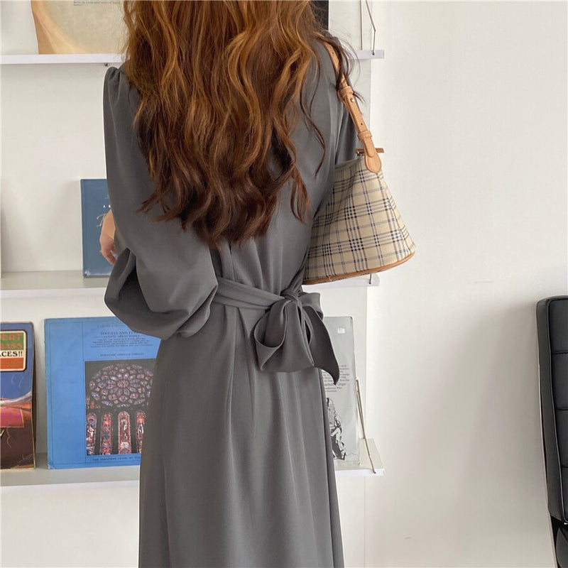 HziriP Notched Single Breasted Women Suit Dress New Minimalist Autumn Dress Elegant OL Long Sleeve Solid Long Dresses Vestidos