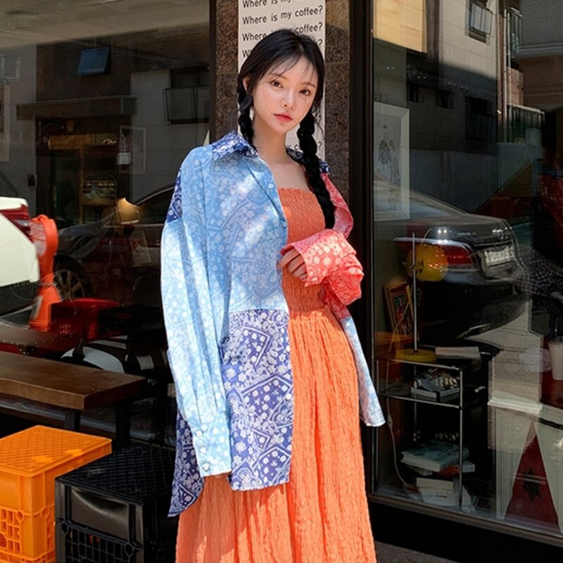 GALCAUR Patchwork Hit Color Print Shirt For Women Lapel Lantern Sleeve Casual Loose Korean Blouse Female 2020 Autumn Fashion New