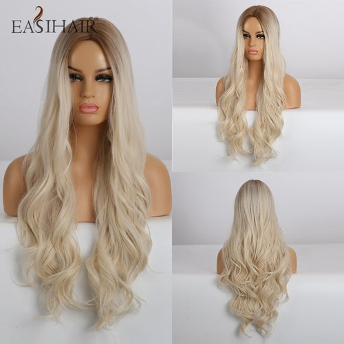 EASIHAIR Lange gewellte blonde Ombré-Perücken mit hoher Dichte synthetische Perücken für Frauen Cosplay Perücken braune hitzebeständige Naturhaarperücke