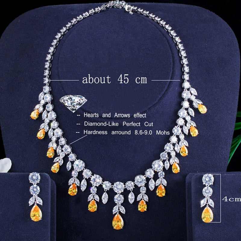 ThreeGraces Luxury Green CZ Stone Earrings Necklace Set Brilliant Big Long Drop Wedding Bridal Dress Jewelry Set for Women JS256