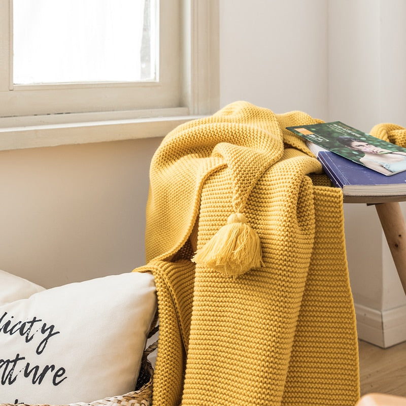 Yellow Blanket Sofa Knit Throw Blanket Solid Soft PomPom Tassels Blanket Travel 130x160cm Home Sofa Chair Couch Bed  50"x62"