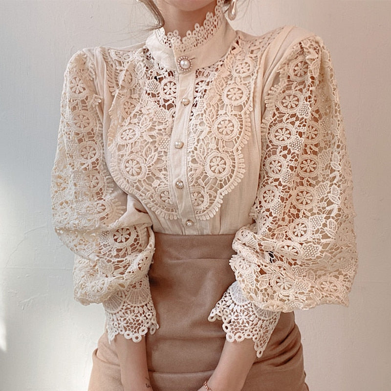 Blusas Mujer De Moda 2022 Spring Hollow Out Lace Shirt Women Office Lady Flower Blouse Stand Collar Button Female Clothing 12419