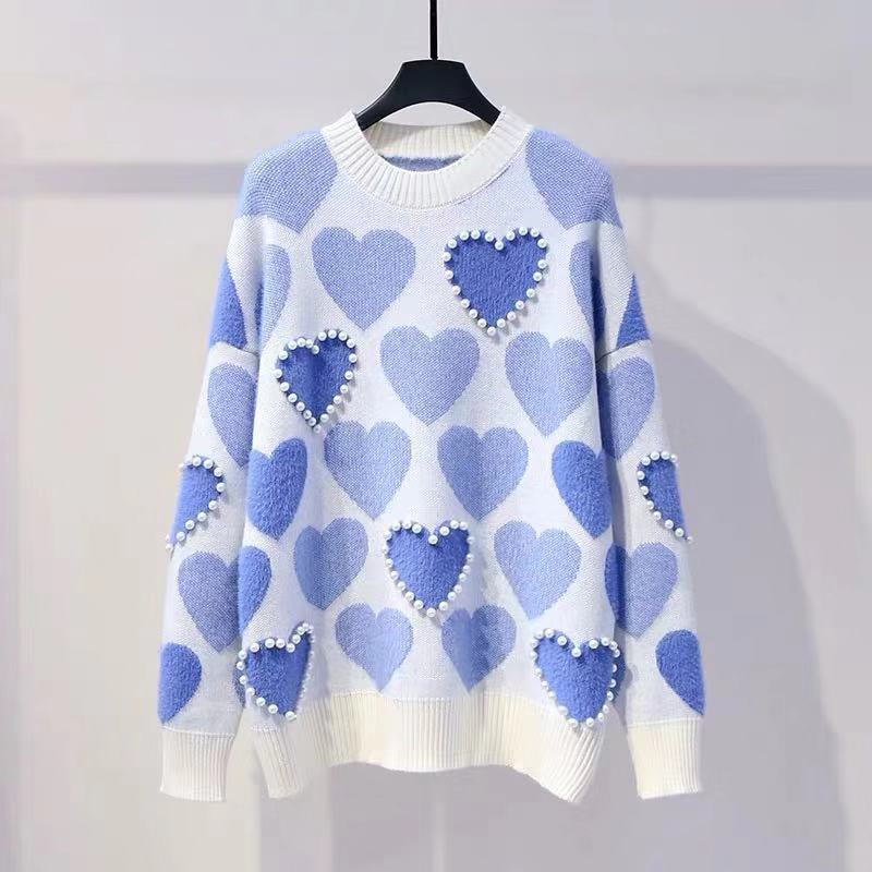 H.SA Women Knitted Sweater and Pullovers Oneck Pearls Beading Sweaters Sweet Heart Pull Jumpers Long Sleeve Kawaii Pull Femme