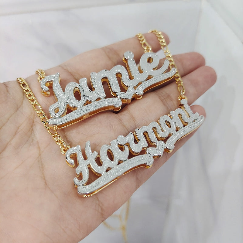 DODOAI Custom Necklace Double Gold plated Nameplate 3D Necklace Personalized Necklaces Choker Women Figaro Chain Name Necklace