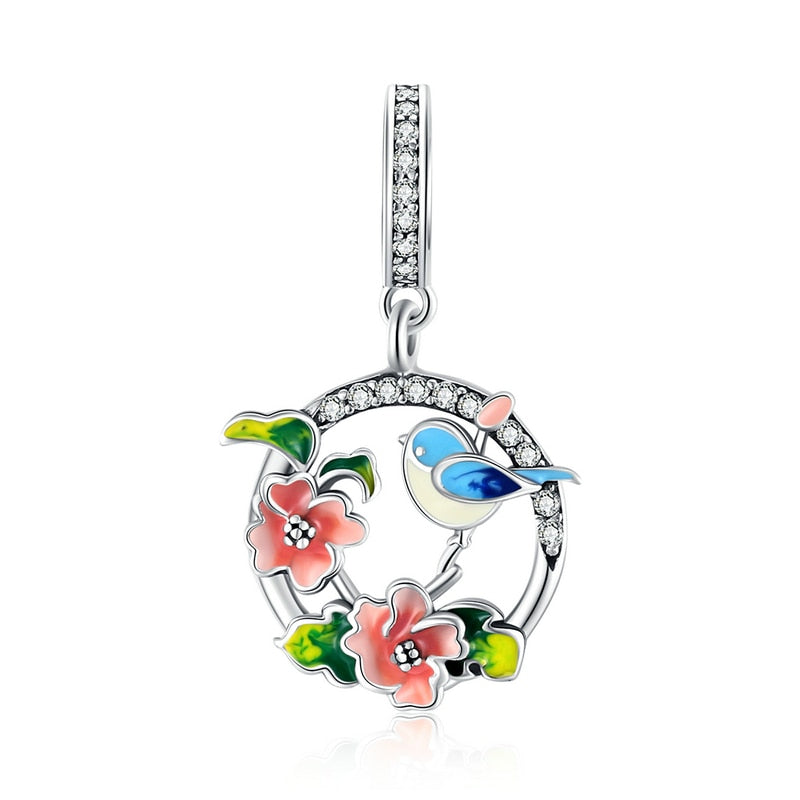 WOSTU 925 Sterling Silver Colorful Spring Charm Bird & Flower Pendant Fit Original Bracelet DIY Necklace Pendant Jewelry