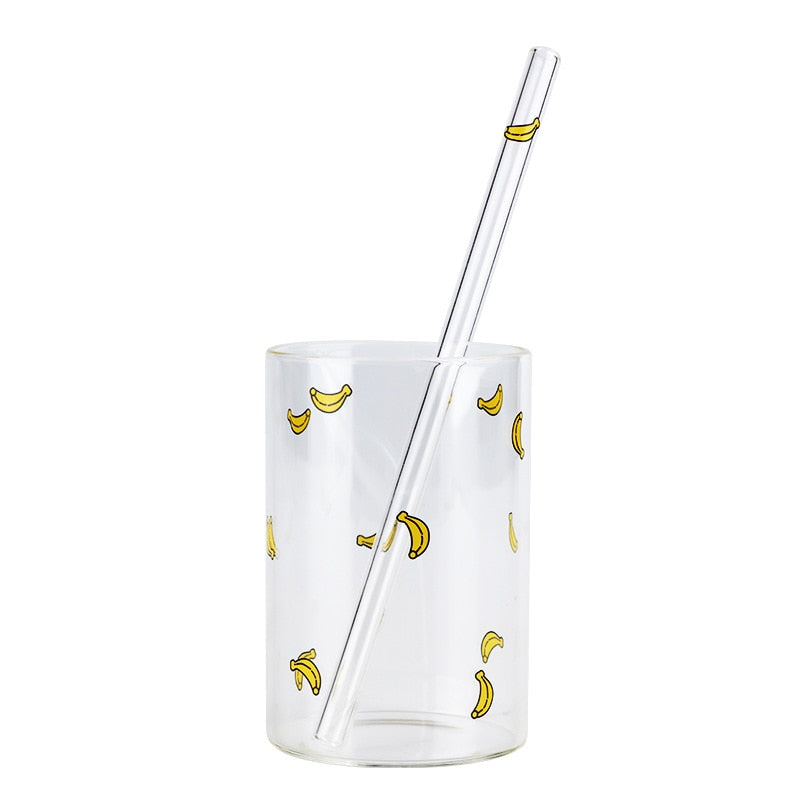 VIP LINK 2pc Cute Printing Straws Glass Cup Fruit Pattern Transparent Milk Water Cup Heat Resistant Coffee Tea Drinkware Cup