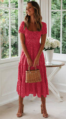 Vintage Print Puff Sleeve Dress Women Summer 2020 New Sweet Casual Square Collar Green Floral Print Long Dresses Slim Vestidos