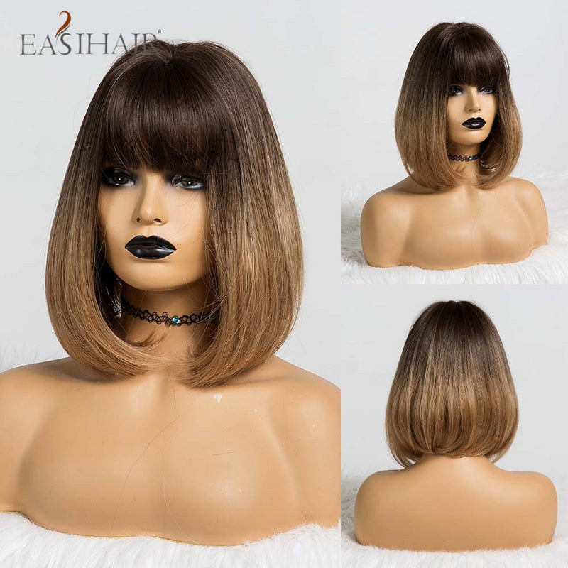 EASIHAIR Dark Brown Short BoBo Wigs with Bangs Heat Resistant Synthetic Hair Wigs Cosplay Lolita Female Wigs for Women