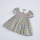 Kids Little Girls Handmade Smocked Floral Flower Print Dresses 2023 Spring Summer Toddler Girl Princess Vintage Smock Dress