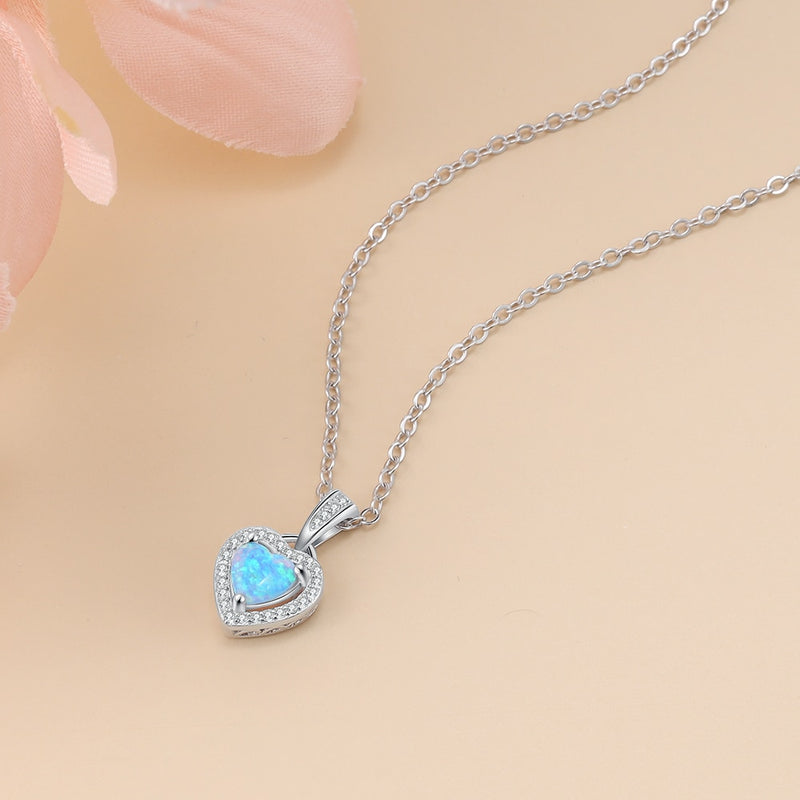 Silver Color Necklaces Heart Shape White Pink Blue Opal Necklaces &amp; Pendants with Cubic Zirconia Fashion Jewelry Gift  for Women