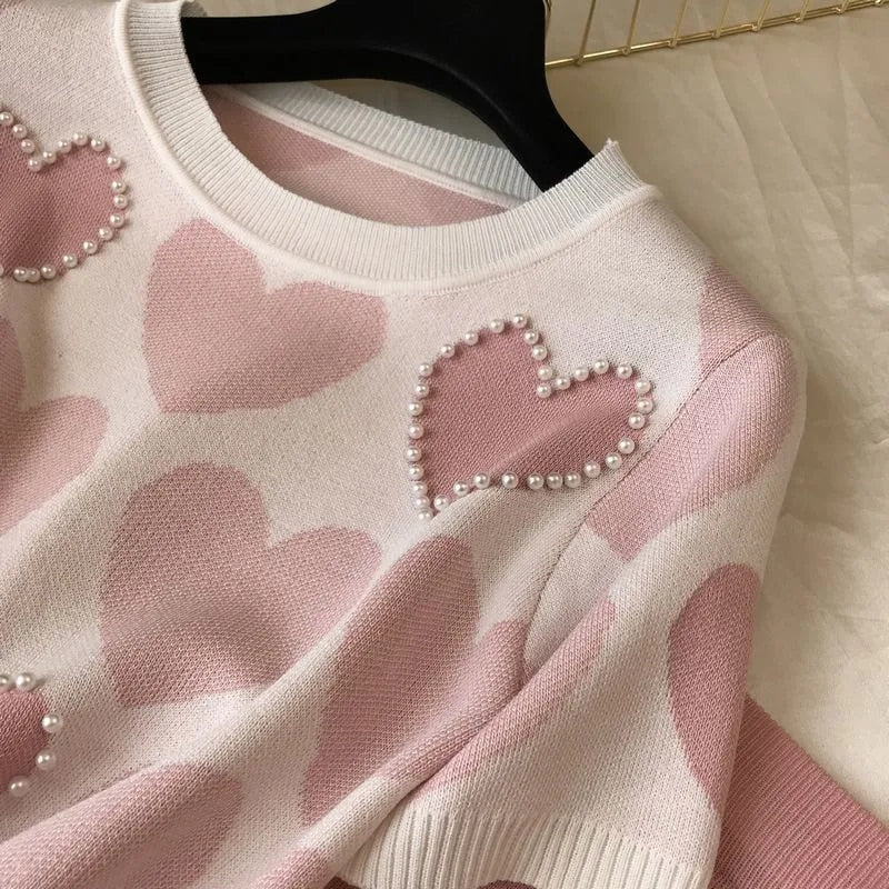 Korean Beaded Love Printed Knitted Sweet 2 Pcs Women Short Sleeve Beading Sweaters Female Tops+pants Suit Pink Casual Tracksuit