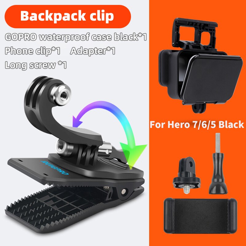 für Go Pro Zubehör 360-Grad-Drehung Rucksacktasche Clipklemme für GoPro Hero11 10 9 8 7 6 5Xiaomi yi für SJCAM SJ4000 Telefon