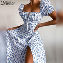 Nibber Y2k French Romance Retro low cut Dresses Women Floral Print lace up Puff Sleeve Side Slit Midi Dress Vacation Beachwear