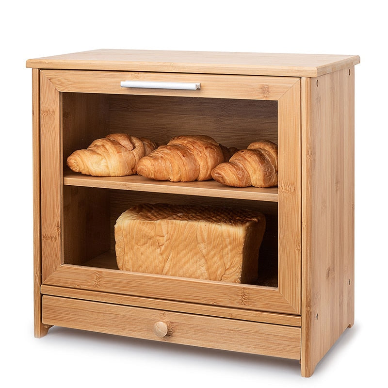 Storage Box Bamboo Bread Box Bins With Cutting Board Double Layers Food Containers Big Drawer Kitchen Organizer Home Accessories