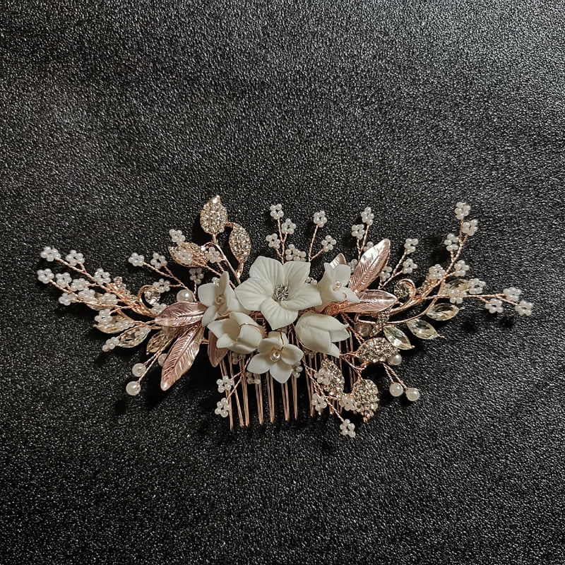 White Flower Rhinestone Pearl Hair Comb Bridal Hair Accessories Elegant Wedding Hair Comb Women Head Ornaments Headband