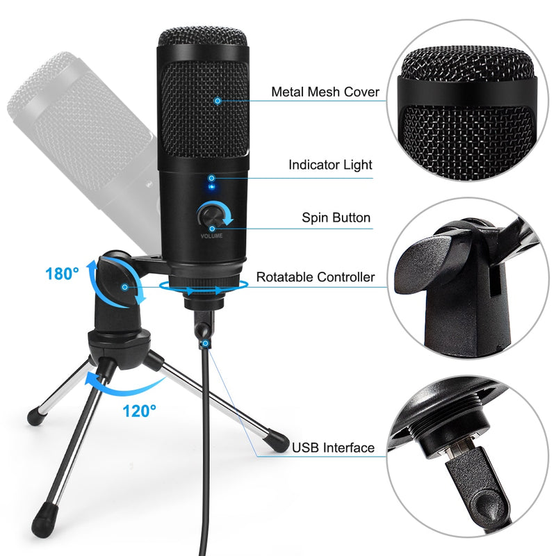 Metall-USB-Mikrofon, Kondensator-Aufnahmemikrofon D80 Mic mit Ständer für Computer-Laptop-PC-Karaoke-Studio-Aufnahme