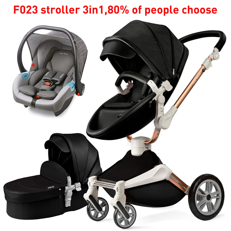 Hot Mom Kinderwagen 3 in 1 Reisesystem mit Stubenwagen und Autositz, Kinderwagen mit 360° Rotationsfunktion, Luxuriöser Kinderwagen F023