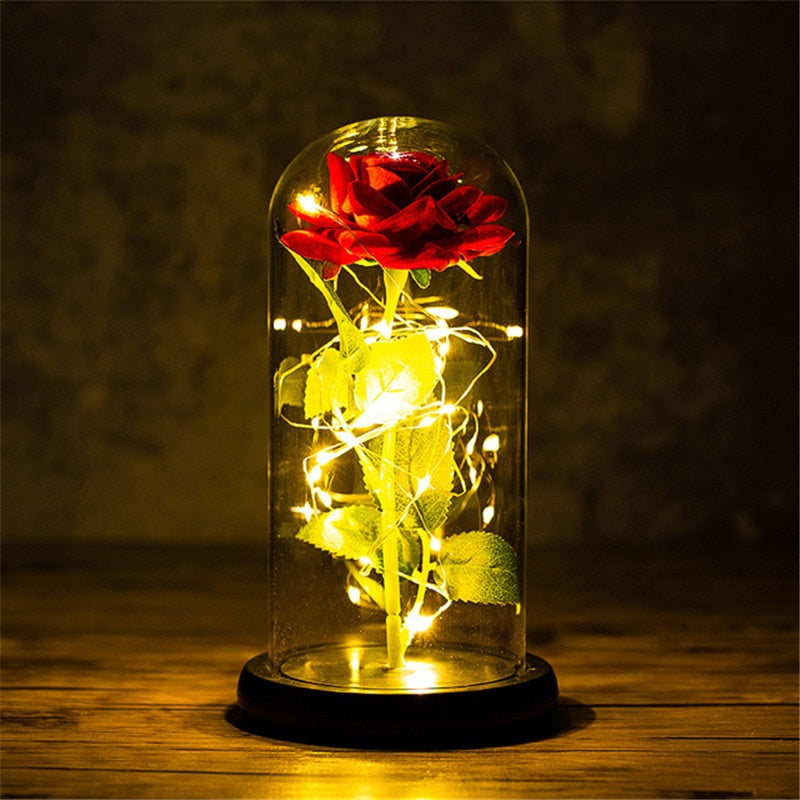 LED Enchanted Galaxy Rose Eternal 24K Gold Foil Flower with String Lights In Dome for Home Decor Christmas Valentine&