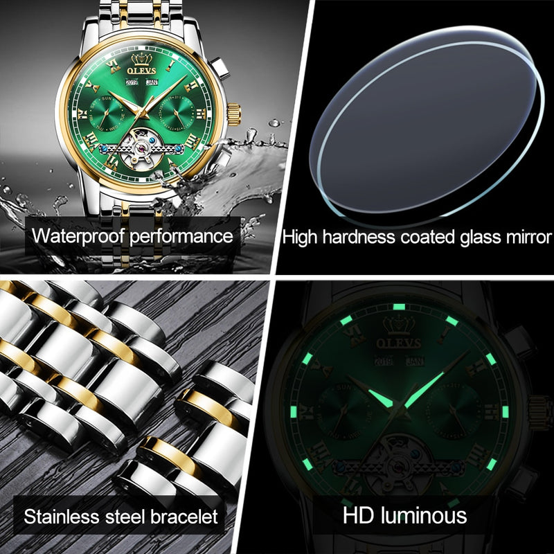 Relojes mecánicos automáticos OLEVS para Hombre, relojes de pulsera clásicos de moda verde con fecha a prueba de agua de acero inoxidable para Hombre