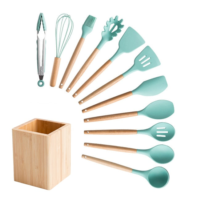 Silicone Cooking Utensils Set Non-stick Spatula Soup Spoon Wooden Handle with Storage Box Kitchen Tools Set Gifts for Mother