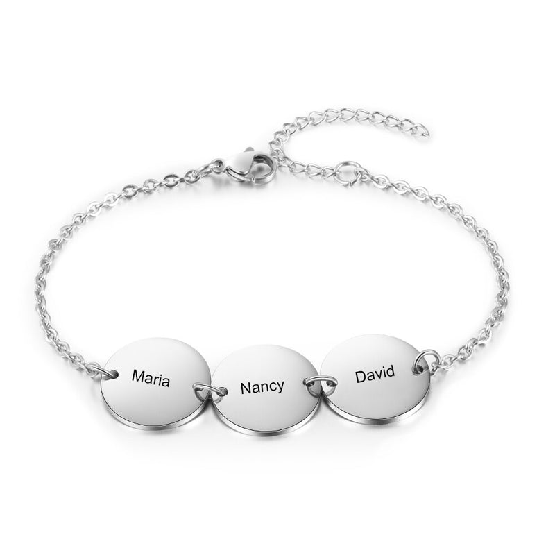 JewelOra Personalized Stainless Steel Round Discs Engraved Bracelets for Women Customized 3 Names Friendship Bracelets & Bangles