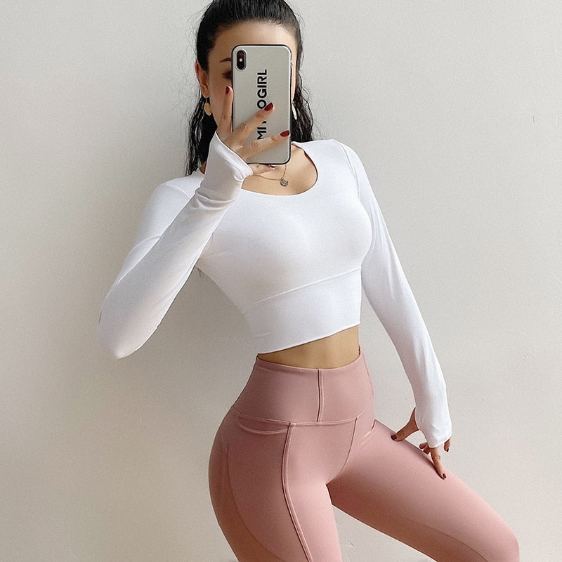 Long Sleeve Gym Yoga Sports Crop Top With Chest pad Women&