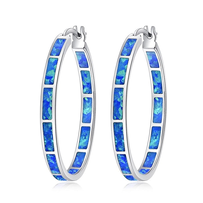 CiNily Blue Green Fire Opal Stone Hoop Earrings Silver Plated Rose Gold Color Big Round Circle Hip Hop Punk Party Jewelry Woman