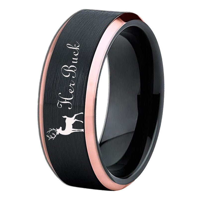 Deer Family Tungsten Ring Elk Design Her Buck His Doe Wedding Band Ring Black With Rose Golden Custom Engraved Personalized