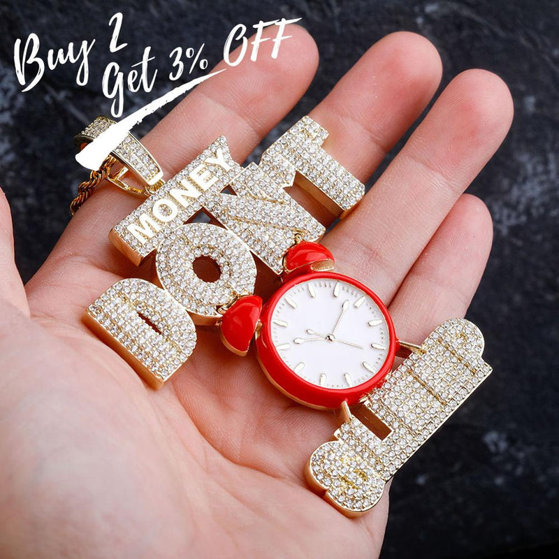 TOPGRILLZ Alarm Clock Pendant Necklace With Letter "MONEY"'DON'T SLEEP'' Full Iced Out Cubic Zirconia Luxury Fashion Jewelry