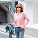 TuangBiang 2022 Spring Female Slub Cotton V-neck Long Sleeve T-Shirt Women Gem Buttons Navy Blue Tops Fashion Stitching T Shirt