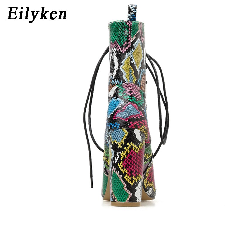 Eilyken Summer Mixed Color Snake Print Women Ankle Boots Sandals High Quality PU Leather Open Toe Hollow Cross Lace-Up Shoes