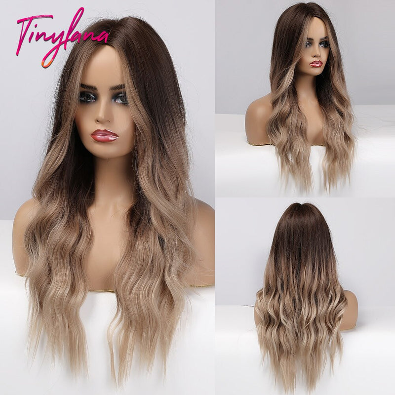 Long Synthetic Brown Blonde Water Wavy Gloden Highlight Wigs Middle Part Heat Resistant Cosplay Natural Hair for Black Women