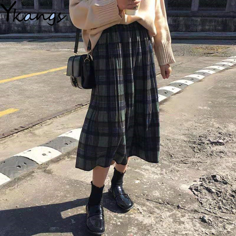 Woolen Winter Plus Size 3XL pleated plaid skirts Women Warm Vintage Long skirts Ladies Office Harajuku Midi skirts Streetwear