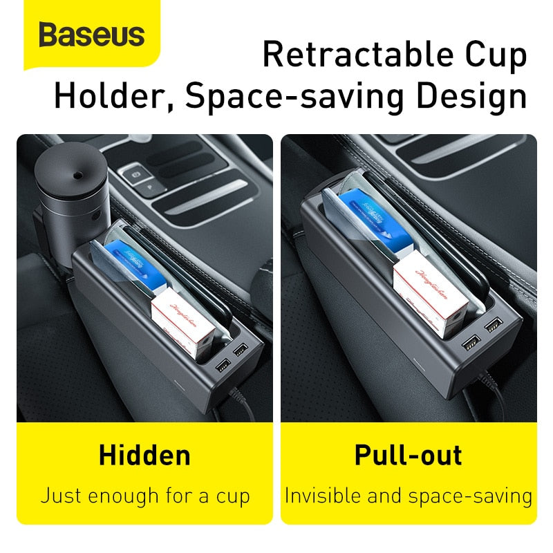 Organizador de asiento de coche Baseus, caja de almacenamiento para espacio de asiento, caja de almacenamiento con puertos USB duales para tarjetero, portavasos, accesorios para coche