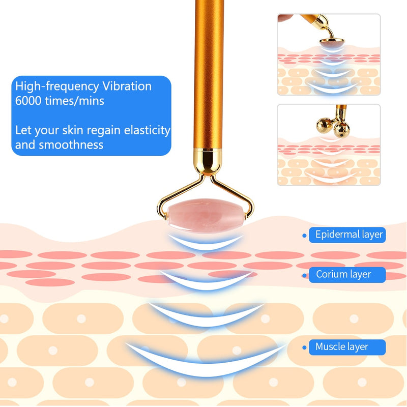 2 in 1 Electric Jade Roller Natural Rose Quartz Vibrating Massager Face Lift Slimming Wrinkle Removal Skin Tightening