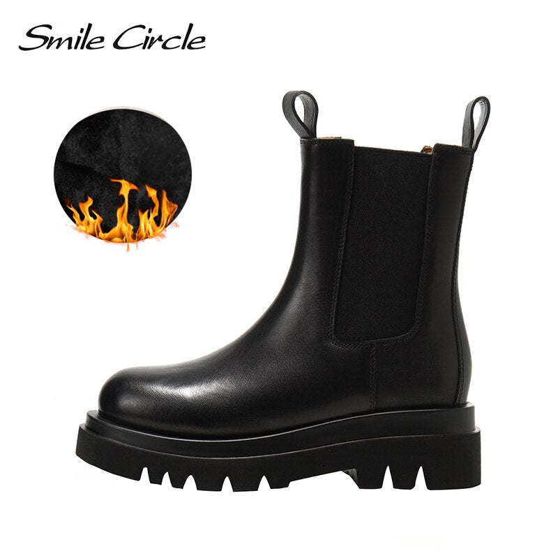Smile Circle Otoño Slip-on Chelsea Boots Mujeres Cuero de vaca genuino moda Punta redonda Botas de plataforma plana Zapatos de dama