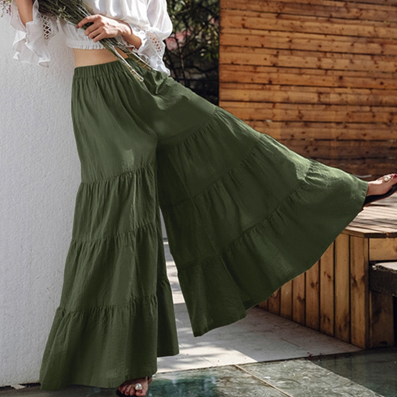 Vintage Women's Wide Leg Trousers ZANZEA 2022 Solid Pants Casual Elastic Waist Long Pantalon Palazzo Female  Turnip