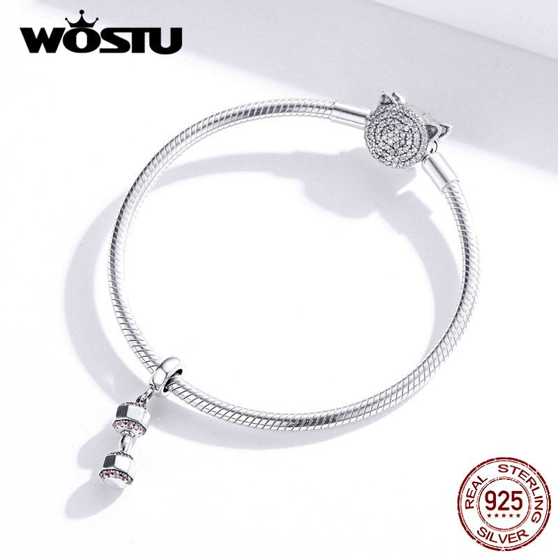 WOSTU Fashion 925 Sterling Silver Dumbbell Fitness Charms Fit Original Bracelet Pendant Beads Women DIY Necklace Jewelry CQC1340