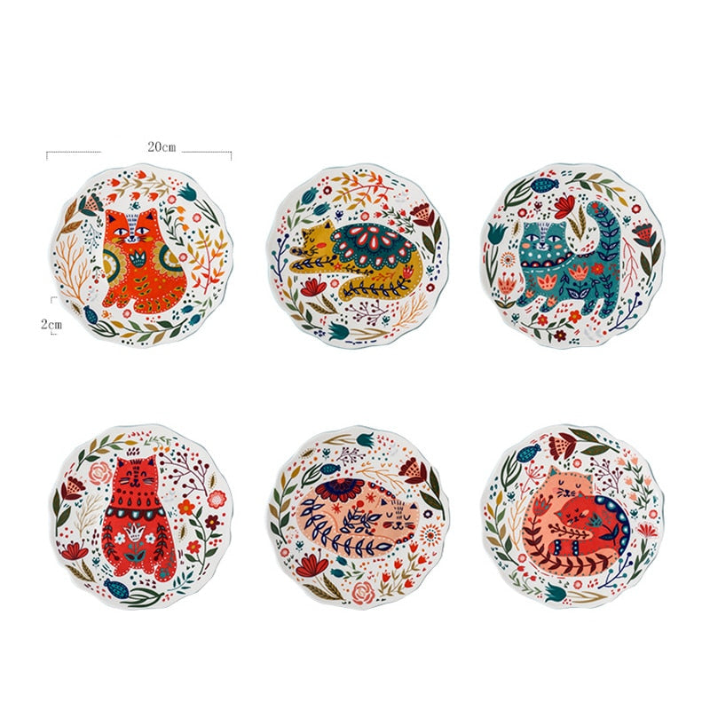 Plato de gato pintado a mano de dibujos animados creativos nórdicos de 8 pulgadas, vajilla de cerámica bajo plato de postre esmaltado, plato de carne para aperitivos en microondas