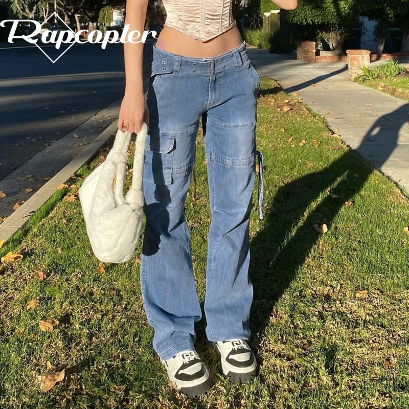 Rapcopter y2k Jeans Retro Sashes Denim Pants Ruched Drawstring Cargo Pants Women Big Pockets Trousers Women Streetwear Jeans 90s