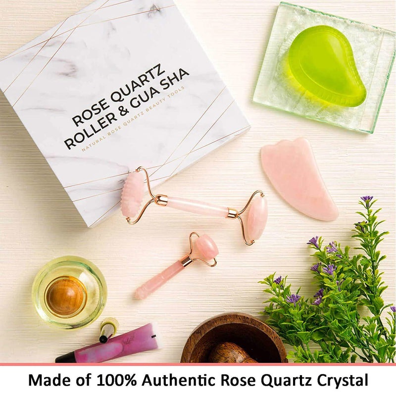 Rose Quartz Roller with Gua Sha Set for Face 100% Natural Authentic Facial Crystal Massager Skin Eyes Neck Tones Firms Depuffs