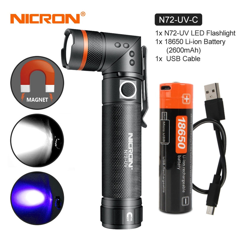 NICRON White / UV Light LED Flashlight N72 / N72-UV 90 Degree Twist Waterproof 800LM 18650 / AAA Battery Magnet LED Torch Light