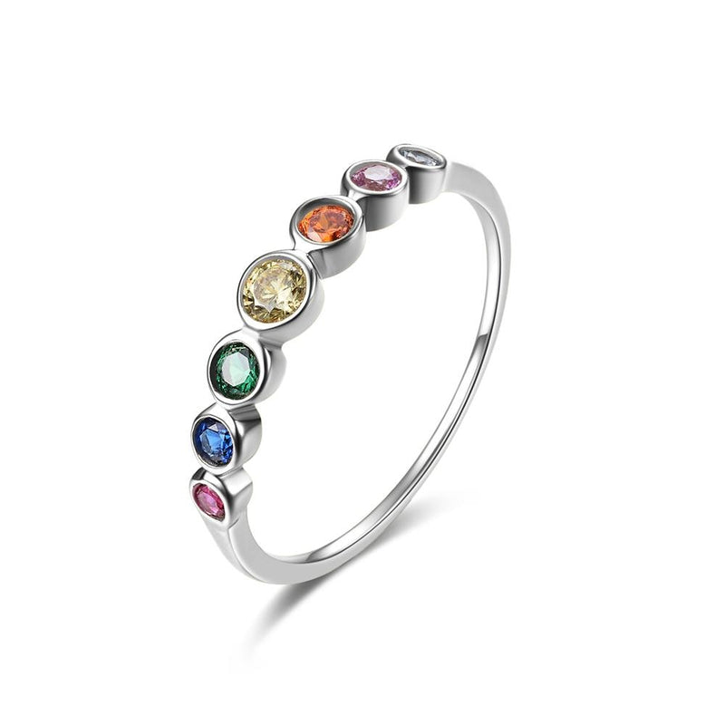 E Real Sterling Silver 925 Rainbow Ring Anillos de circonia cúbica de color para mujer Anillos de boda de eternidad chapados en oro de 14K Joyería